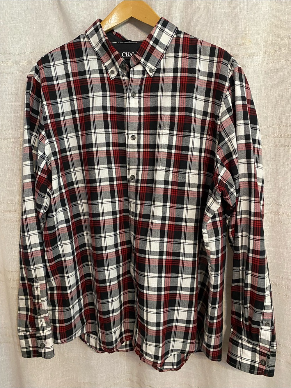 Chaps Red Black White Chevron Herringbone Plaid Button Up Shirt XXL
